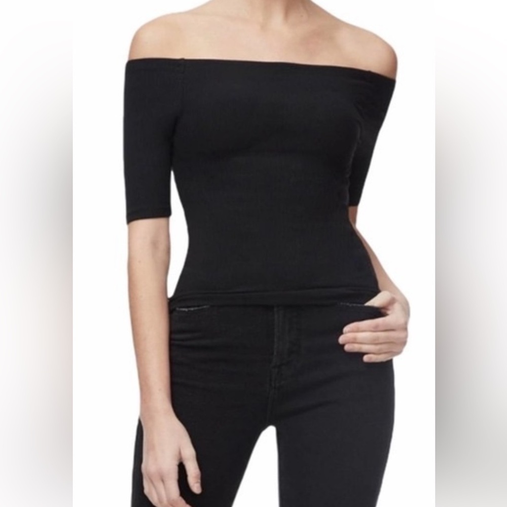 Good American Black micro Ribbed Off-Shoulder Top size 3 - Picture 7 of 7